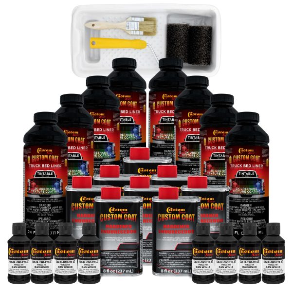 Black Metallic 2 Gallon Urethane Roll-On, Brush-On or Spray-On Truck Bed Liner Kit with Roller and Brush Applicator Kit - Textured Protective Coating Cheap