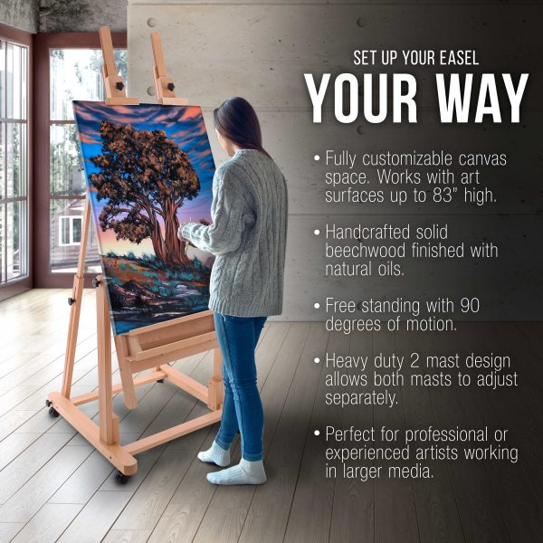Extra Large Double Mast Wooden H-Frame Studio Floor Easel with Artist Storage Tray - Adjustable, Tilts Flat, Premium Beechwood Canvas Painting Holder Online Hot Sale - Image 4