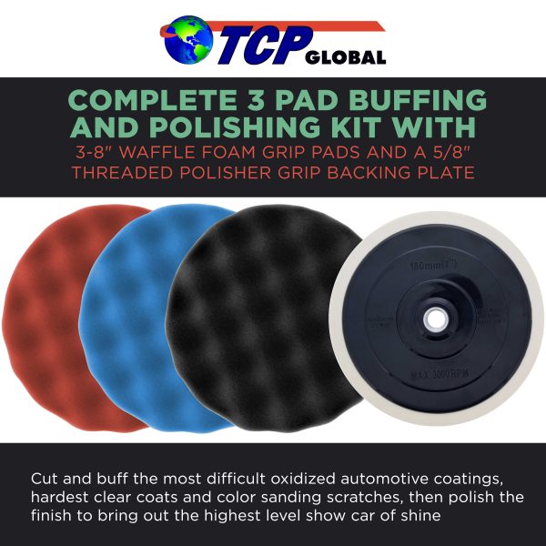 Complete 3 Pad Buffing and Polishing Kit with 3 - 8  Waffle Foam Grip Pads and a 5 8  Threaded Polisher Grip Backing Plate Sale - Image 2
