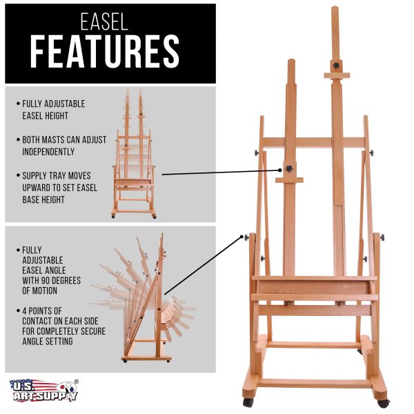Extra Large Double Mast Wooden H-Frame Studio Floor Easel with Artist Storage Tray - Adjustable, Tilts Flat, Premium Beechwood Canvas Painting Holder Online Hot Sale - Image 3