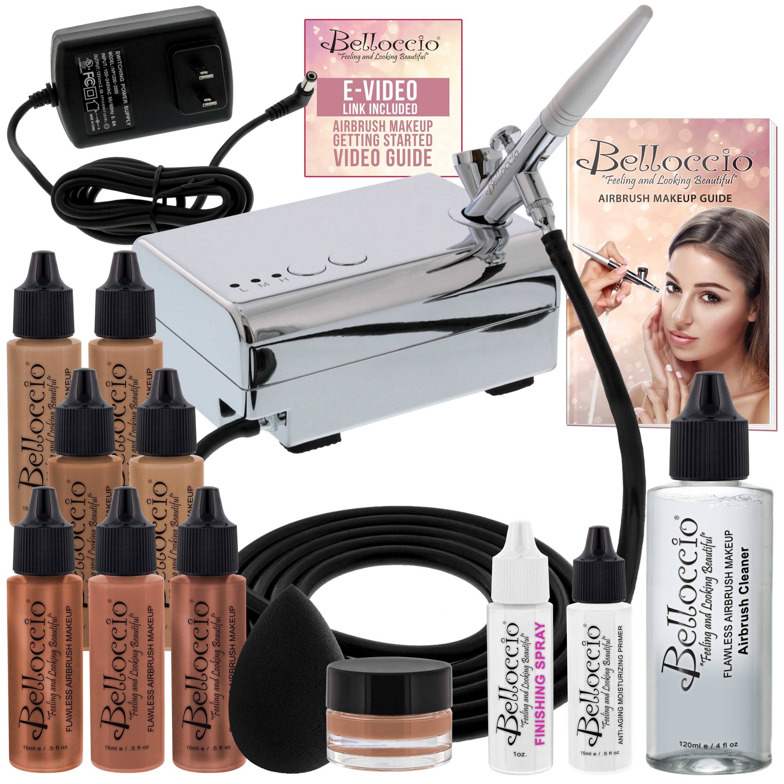 Belloccio Professional Beauty Deluxe Airbrush Cosmetic Makeup System with 4 Tan Shades of Foundation in 1 2 oz Bottles Online
